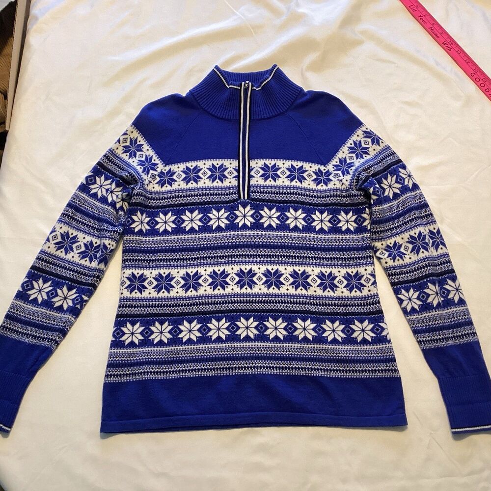 talbots fair isle sweater S blue/white snowflake 1/4 zip